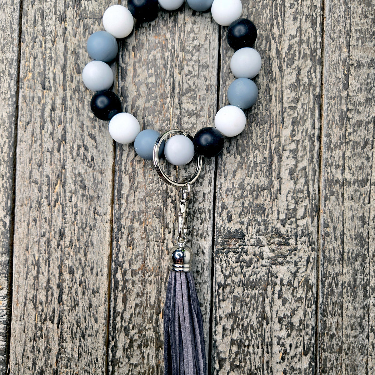 Wristlet Keychain Bracelet Grey Black White - Silicone Bead Key Fob Holder - Hands Free Keyring with Faux Leather Tassel