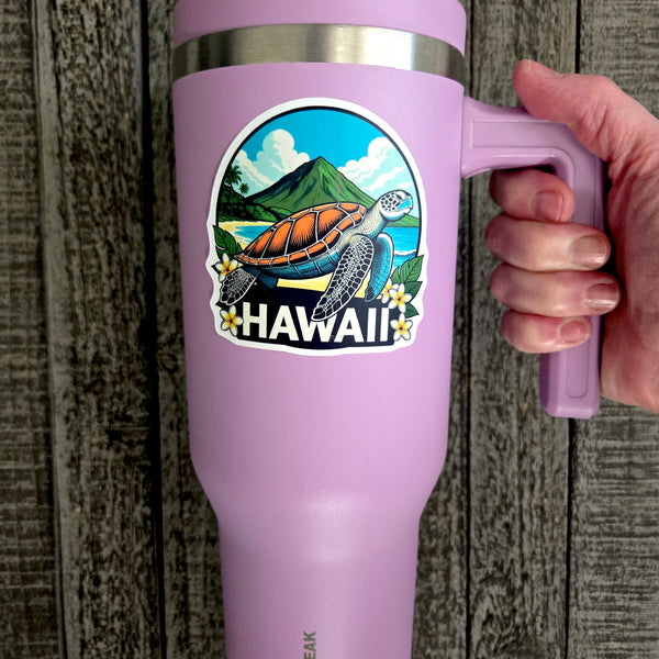 Hawaii Vinyl Sticker - Sea Turtle Honu Plumeria Laptop Decal - Waterproof - Travel Gift