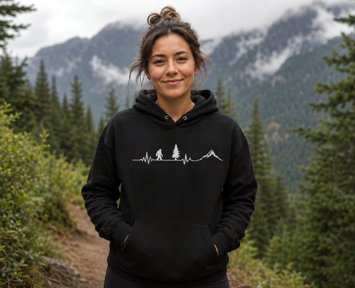 Hoodie Pullover - Bigfoot Heartbeat Sweatshir - PNW Hiking Gift