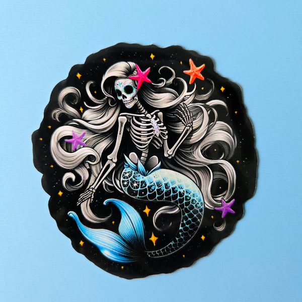 Mystical Mermaid Skeleton Sticker - Blue or Pink Sugar Skull Decal - Oceanic Skeleton Decal