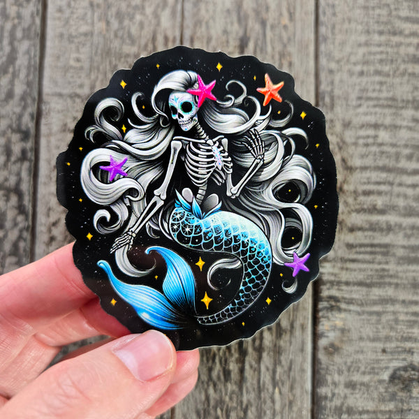 Blue Sugar Skull Mermaid Vinyl Sticker - Oceanic Skeleton Decal