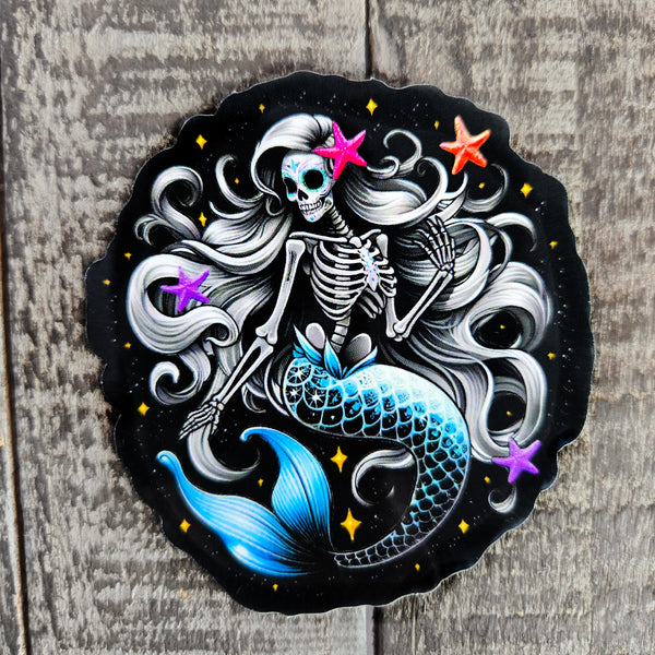 Blue Sugar Skull Mermaid Vinyl Sticker - Oceanic Skeleton Decal