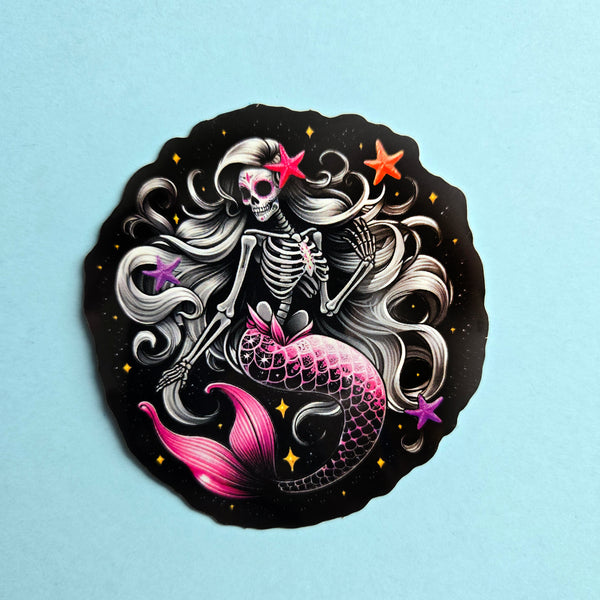 Mystical Mermaid Skeleton Sticker - Blue or Pink Sugar Skull Decal - Oceanic Skeleton Decal