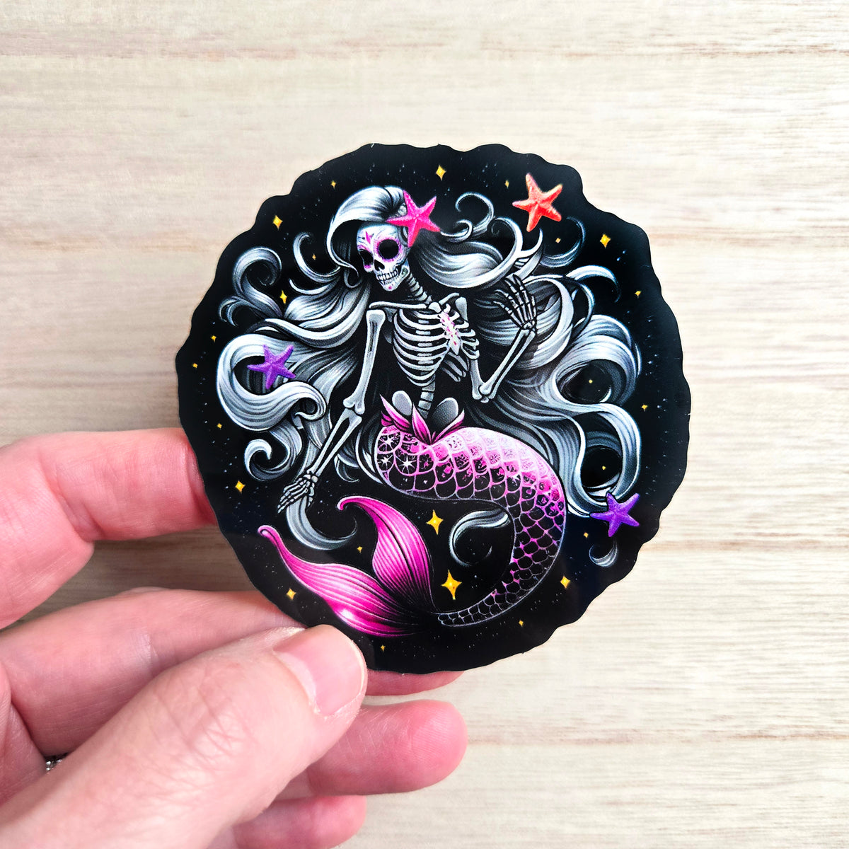 Mystical Mermaid Skeleton Sticker - Blue or Pink Sugar Skull Decal - Oceanic Skeleton Decal