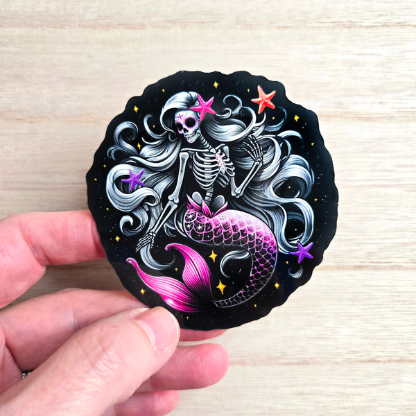 Mystical Mermaid Skeleton Sticker - Blue or Pink Sugar Skull Decal - Oceanic Skeleton Decal