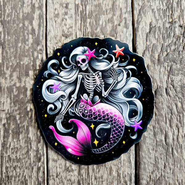 Mystical Mermaid Skeleton Sticker - Blue or Pink Sugar Skull Decal - Oceanic Skeleton Decal
