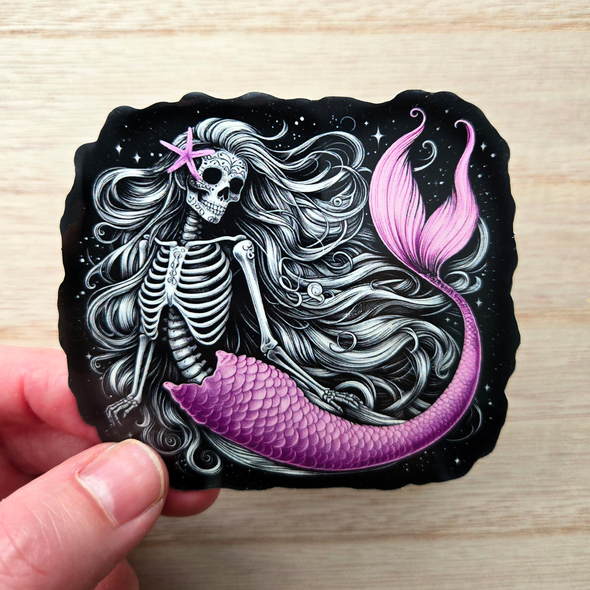 Pink Skeletal Mermaid Vinyl Sticker - 2 Sizes - Waterproof Sugar Skull Day of the Dead Decal