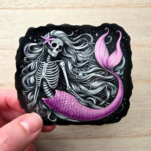 Pink Skeletal Mermaid Vinyl Sticker - 2 Sizes - Waterproof Sugar Skull Day of the Dead Decal
