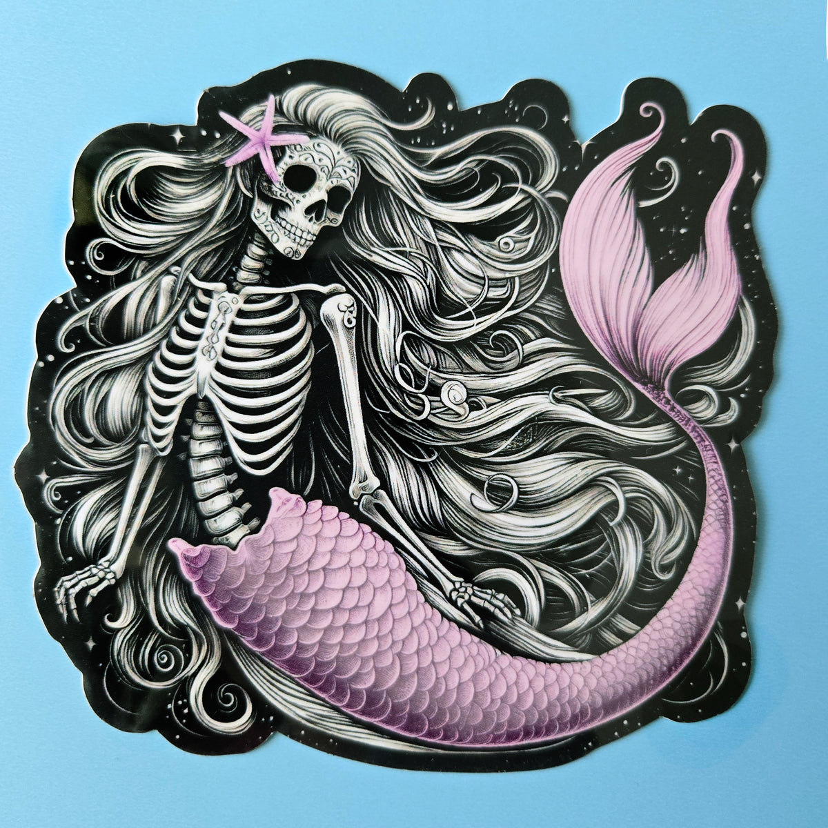 Pink Skeletal Mermaid Vinyl Sticker - 2 Sizes - Waterproof Sugar Skull Day of the Dead Decal