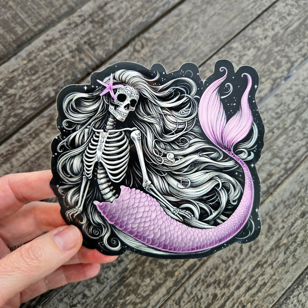 Pink Skeletal Mermaid Vinyl Sticker - Waterproof Sugar Skull Day of the Dead Decal