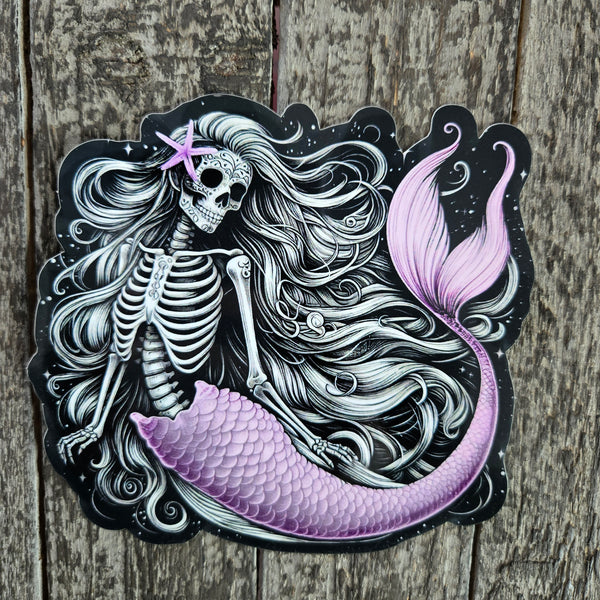 Pink Skeletal Mermaid Vinyl Sticker - Waterproof Sugar Skull Day of the Dead Decal