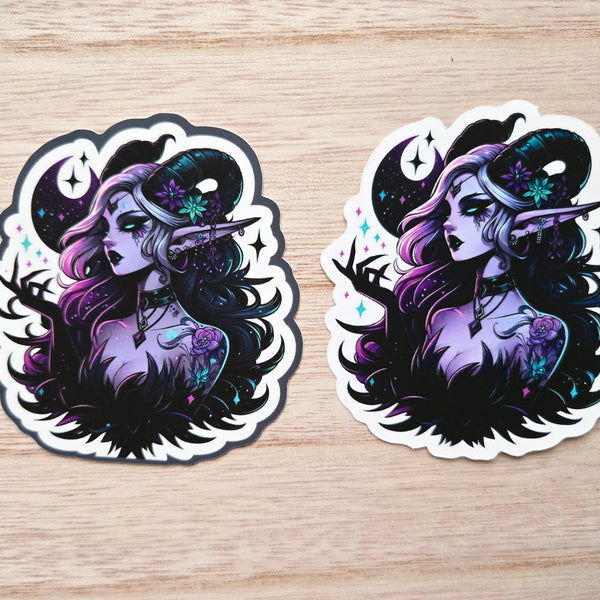 Dark Fantasy Witch Vinyl Sticker - Purple Gothic Fairy with Horns (With or Without Border)