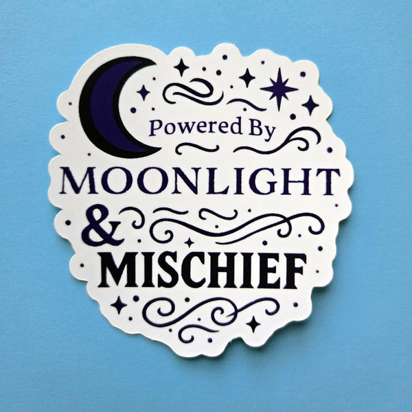 Powered by Moonlight & Mischief Vinyl Sticker - Mystical Moon Witch Decal