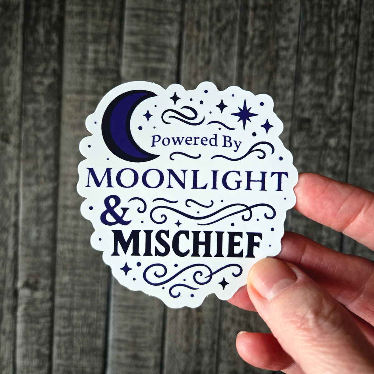 Powered by Moonlight & Mischief Vinyl Sticker - Mystical Moon Witch Decal