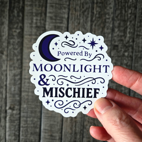 Powered by Moonlight & Mischief Vinyl Sticker - Mystical Moon Witch Decal