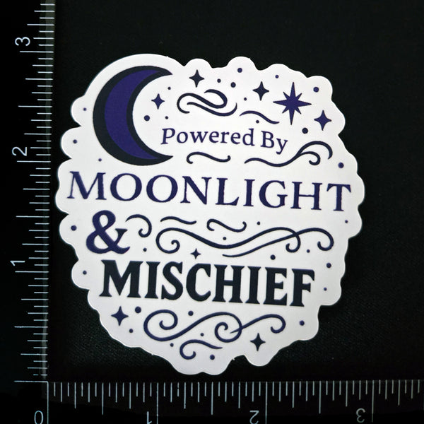 Powered by Moonlight & Mischief Vinyl Sticker - Mystical Moon Witch Decal