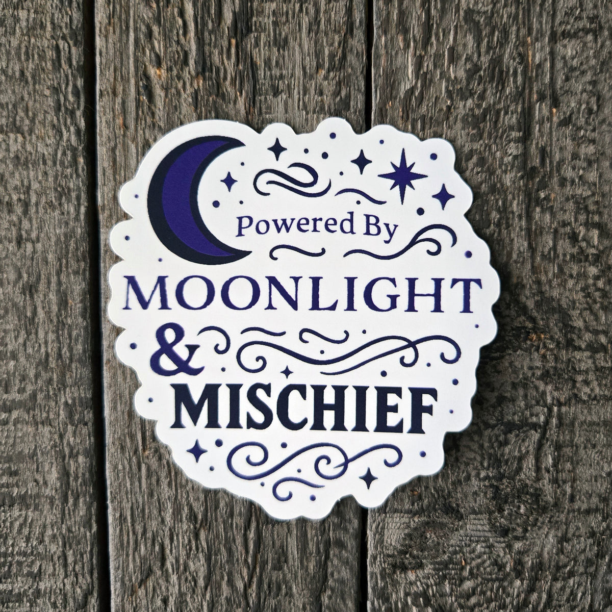 Powered by Moonlight & Mischief Vinyl Sticker - Mystical Moon Witch Decal