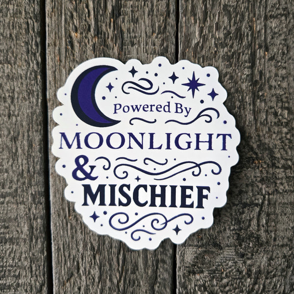 Powered by Moonlight & Mischief Vinyl Sticker - Mystical Moon Witch Decal