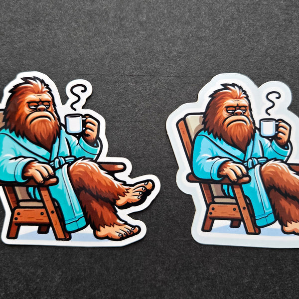 Morning Coffee Sasquatch Sticker - Grumpy Bigfoot in Robe with Coffee Vinyl Decal - Matte or Glossy Finish