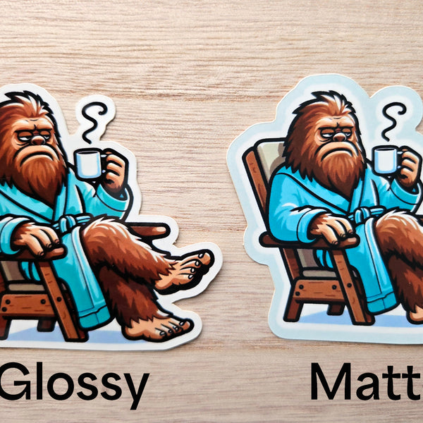 Morning Coffee Sasquatch Sticker - Grumpy Bigfoot in Robe with Coffee Vinyl Decal