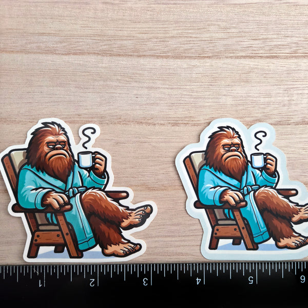 Morning Coffee Sasquatch Sticker - Grumpy Bigfoot in Robe with Coffee Vinyl Decal - Matte or Glossy Finish