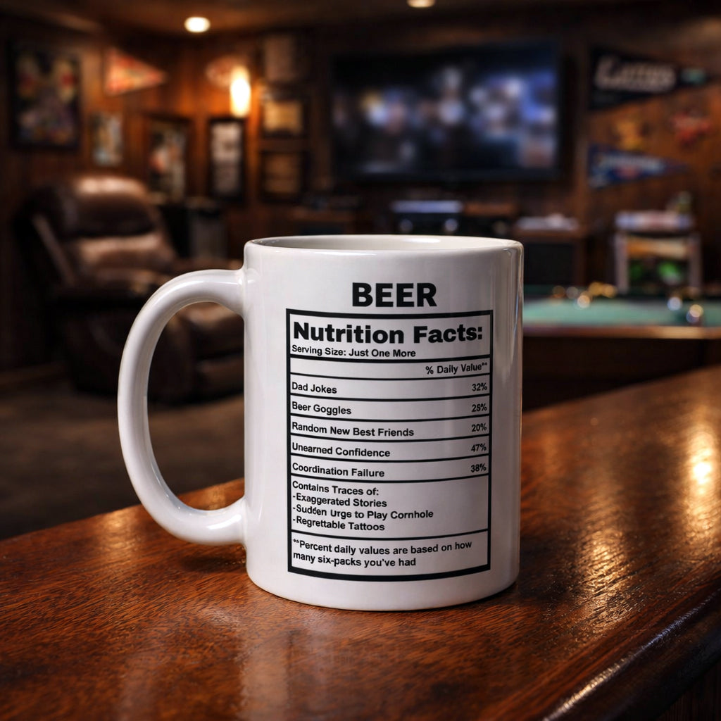 Beer Lover Gift Mug - Funny Nutrition Facts Coffee Mug for Dad Men - Sarcastic Beer Drinker Man Cave Gift