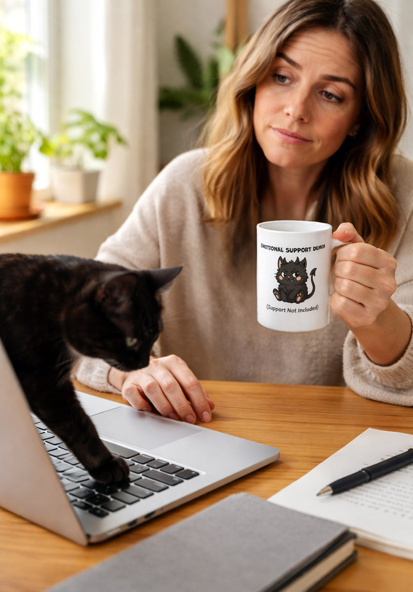 Funny Black Cat Mug – Emotional Support Demon Coffee Mug – Dark Humor Cat Gift – Witchy Cat Lover Mug
