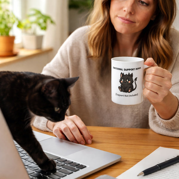 Funny Black Cat Mug – Emotional Support Demon Coffee Mug – Dark Humor Cat Gift – Witchy Cat Lover Mug
