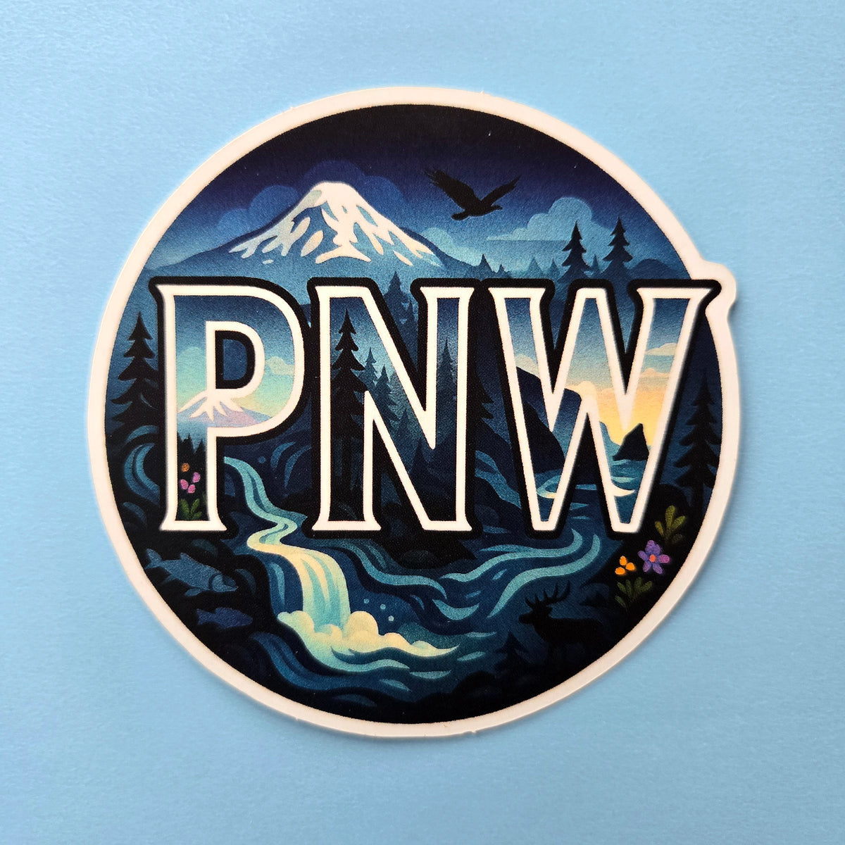 Pacific Northwest Nature Sticker - Round PNW Mountain Wilderness Vinyl Decal