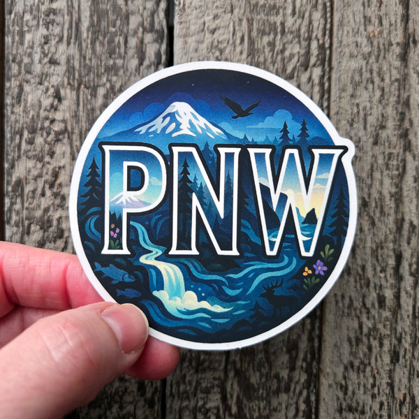 Round Pacific Northwest Nature Sticker - PNW Mountain Wilderness Vinyl Decal