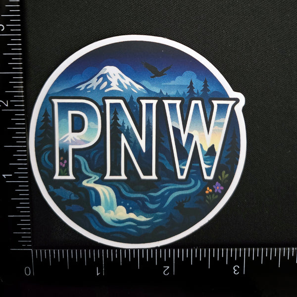 Pacific Northwest Nature Sticker - Round PNW Mountain Wilderness Vinyl Decal