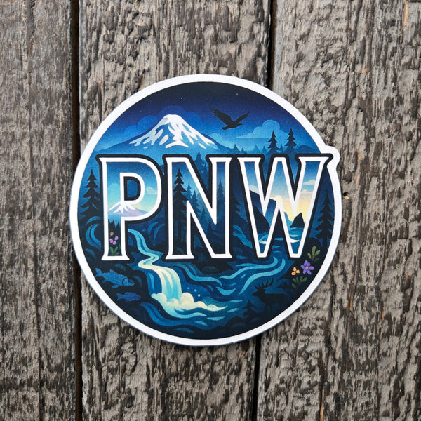 Round Pacific Northwest Nature Sticker - PNW Mountain Wilderness Vinyl Decal