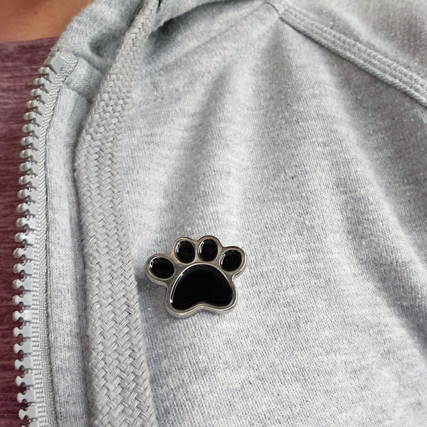 Paw Print Enamel Pin, Black Silver Dog Cat Paw Lapel Pin, Pet Lover Gift