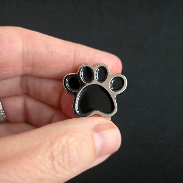 Paw Print Enamel Pin, Black Silver Dog Cat Paw Lapel Pin, Pet Lover Gift
