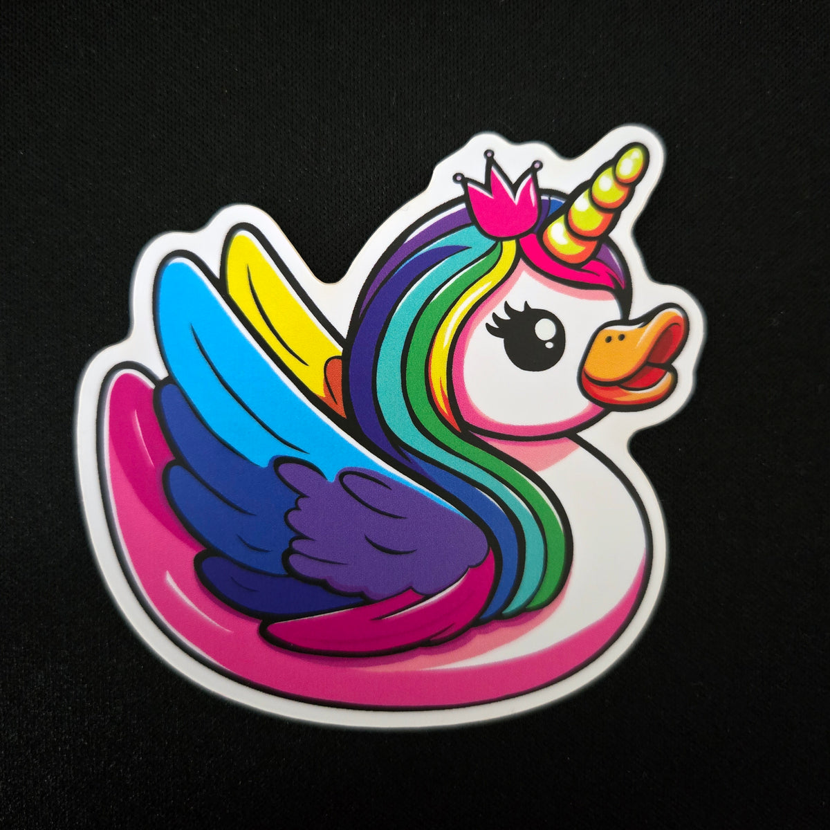 Rainbow unicorn duck sticker, whimsical waterproof vinyl decal, fantasy gift