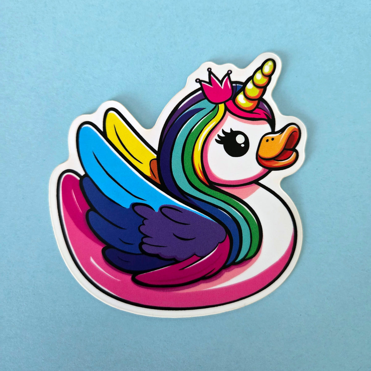 Rainbow unicorn duck sticker, whimsical waterproof vinyl decal, fantasy gift