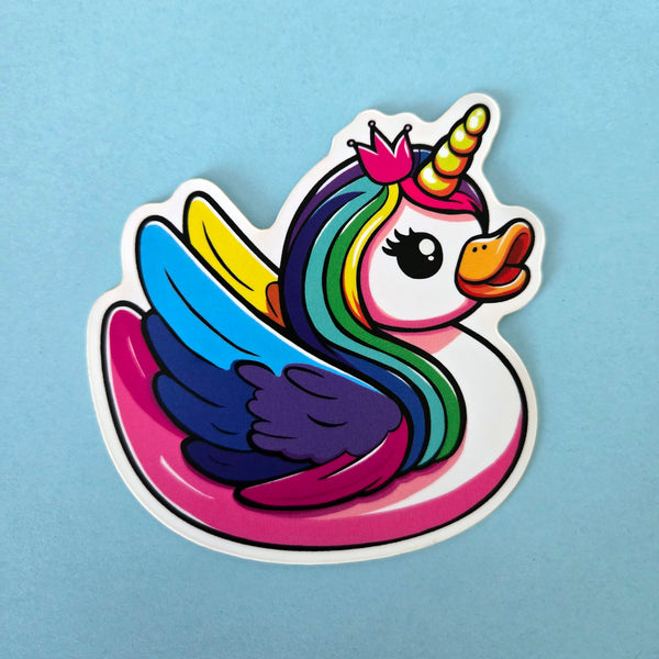 Rainbow unicorn duck sticker, whimsical waterproof vinyl decal, fantasy gift