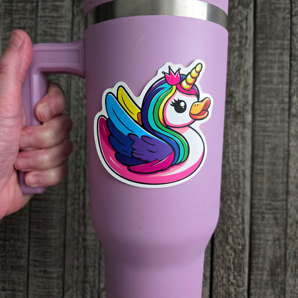 Rainbow unicorn duck sticker, whimsical waterproof vinyl decal, fantasy gift