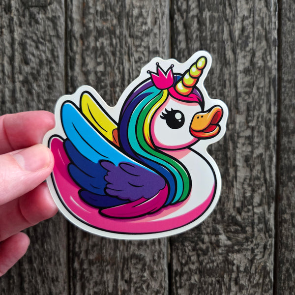 Rainbow unicorn duck sticker, whimsical waterproof vinyl decal, fantasy gift