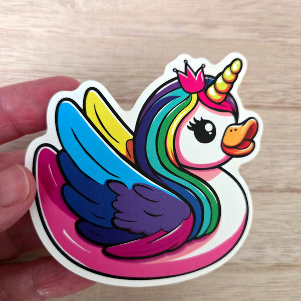 Rainbow unicorn duck sticker, whimsical waterproof vinyl decal, fantasy gift