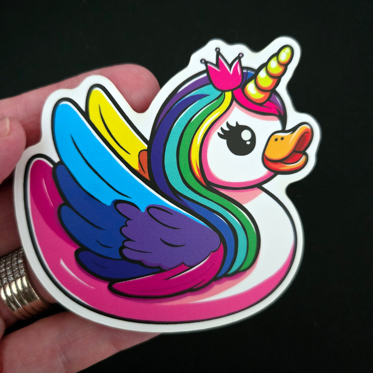 Rainbow unicorn duck sticker, whimsical waterproof vinyl decal, fantasy gift