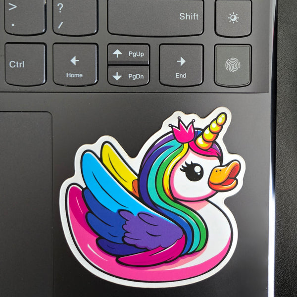 Rainbow unicorn duck sticker, whimsical waterproof vinyl decal, fantasy gift