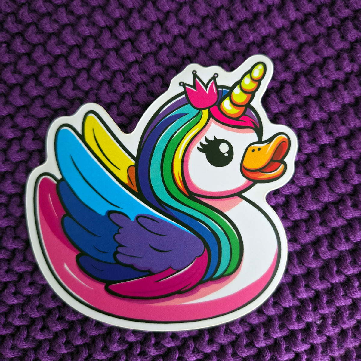 Rainbow unicorn duck sticker, whimsical waterproof vinyl decal, fantasy gift