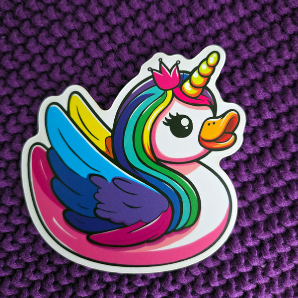 Rainbow unicorn duck sticker, whimsical waterproof vinyl decal, fantasy gift