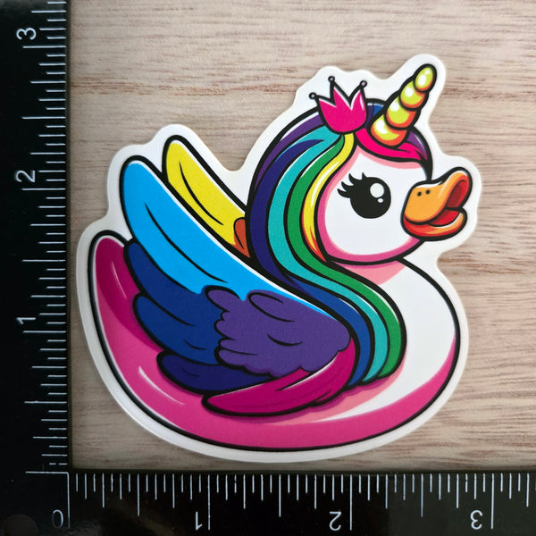 Rainbow unicorn duck sticker, whimsical waterproof vinyl decal, fantasy gift