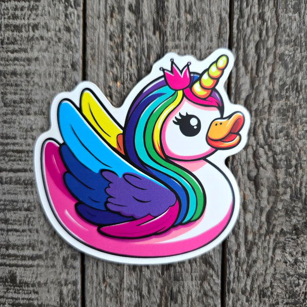 Rainbow unicorn duck sticker, whimsical waterproof vinyl decal, fantasy gift
