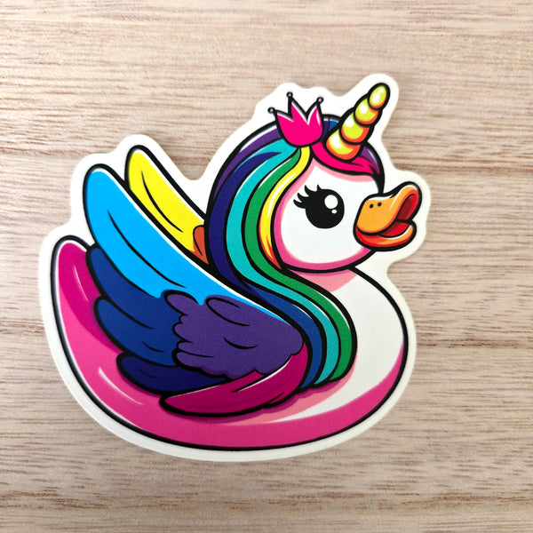Rainbow unicorn duck sticker, whimsical waterproof vinyl decal, fantasy gift