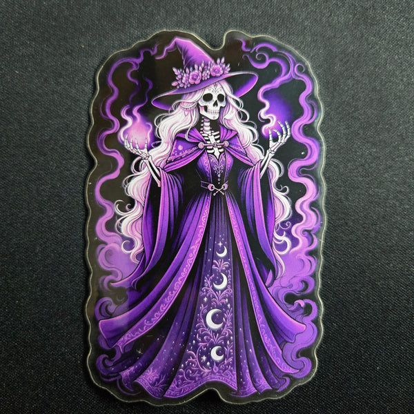 Gothic Skeleton Witch Sticker - Purple Witch Hat - Dark Fantasy Vinyl Decal