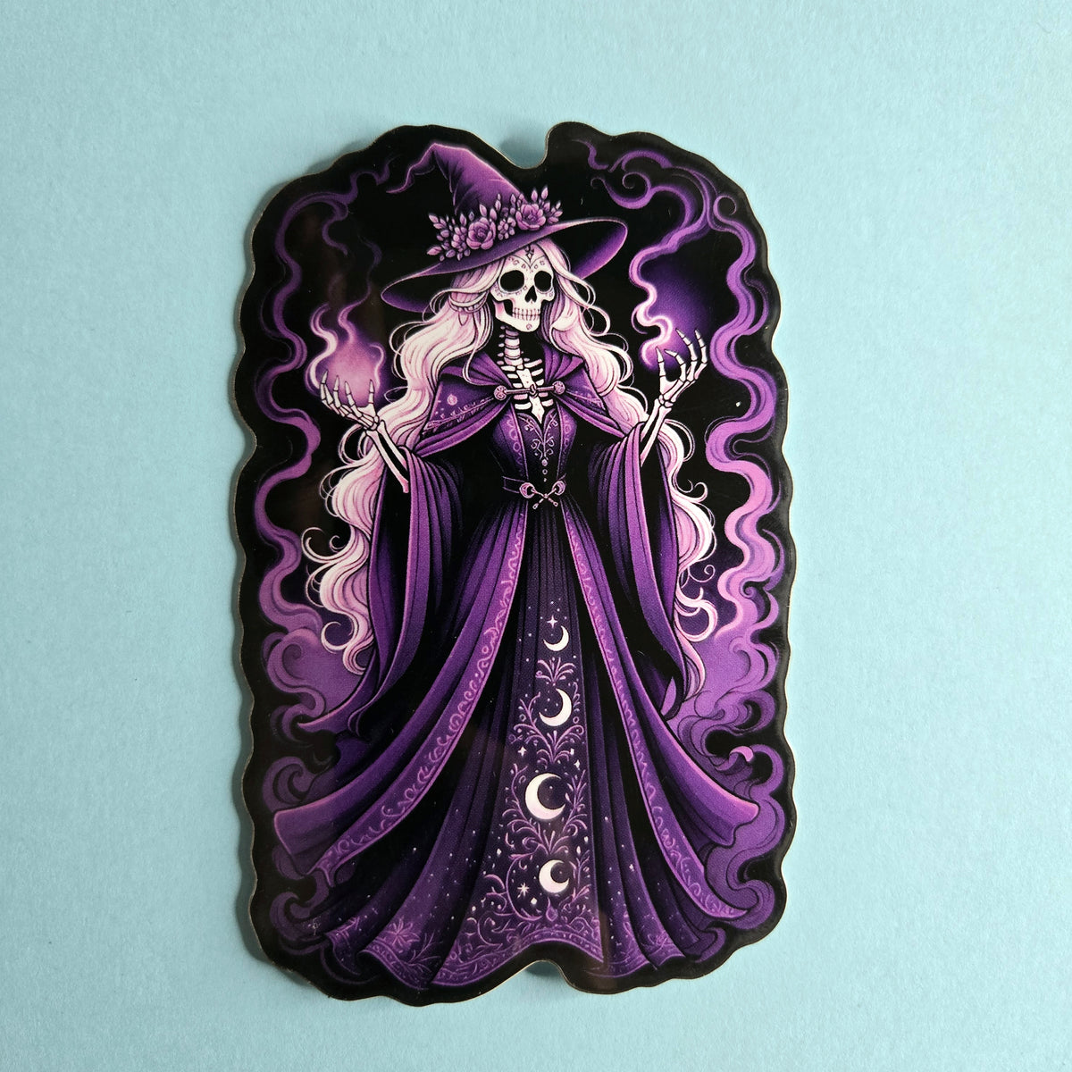 Gothic Skeleton Witch Sticker - Purple Witch Hat - Dark Fantasy Vinyl Decal