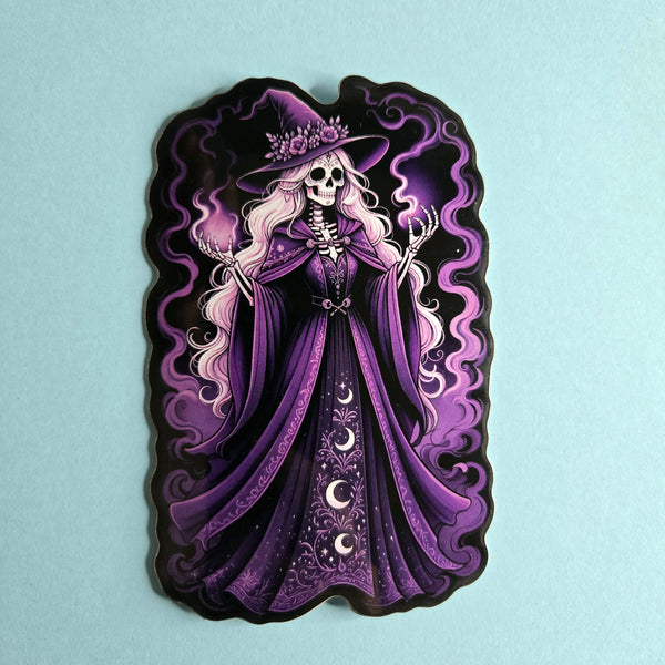 Gothic Skeleton Witch Sticker - Purple Witch Hat - Dark Fantasy Vinyl Decal